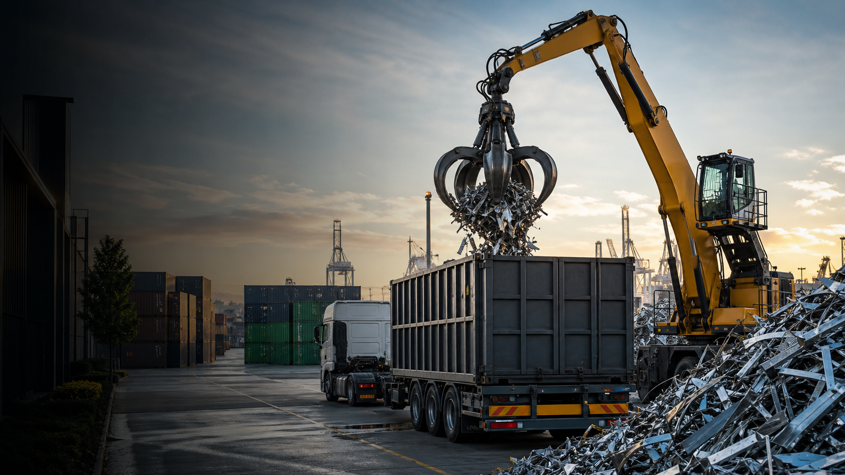 Organized metal handling and freight operations at an industrial yard