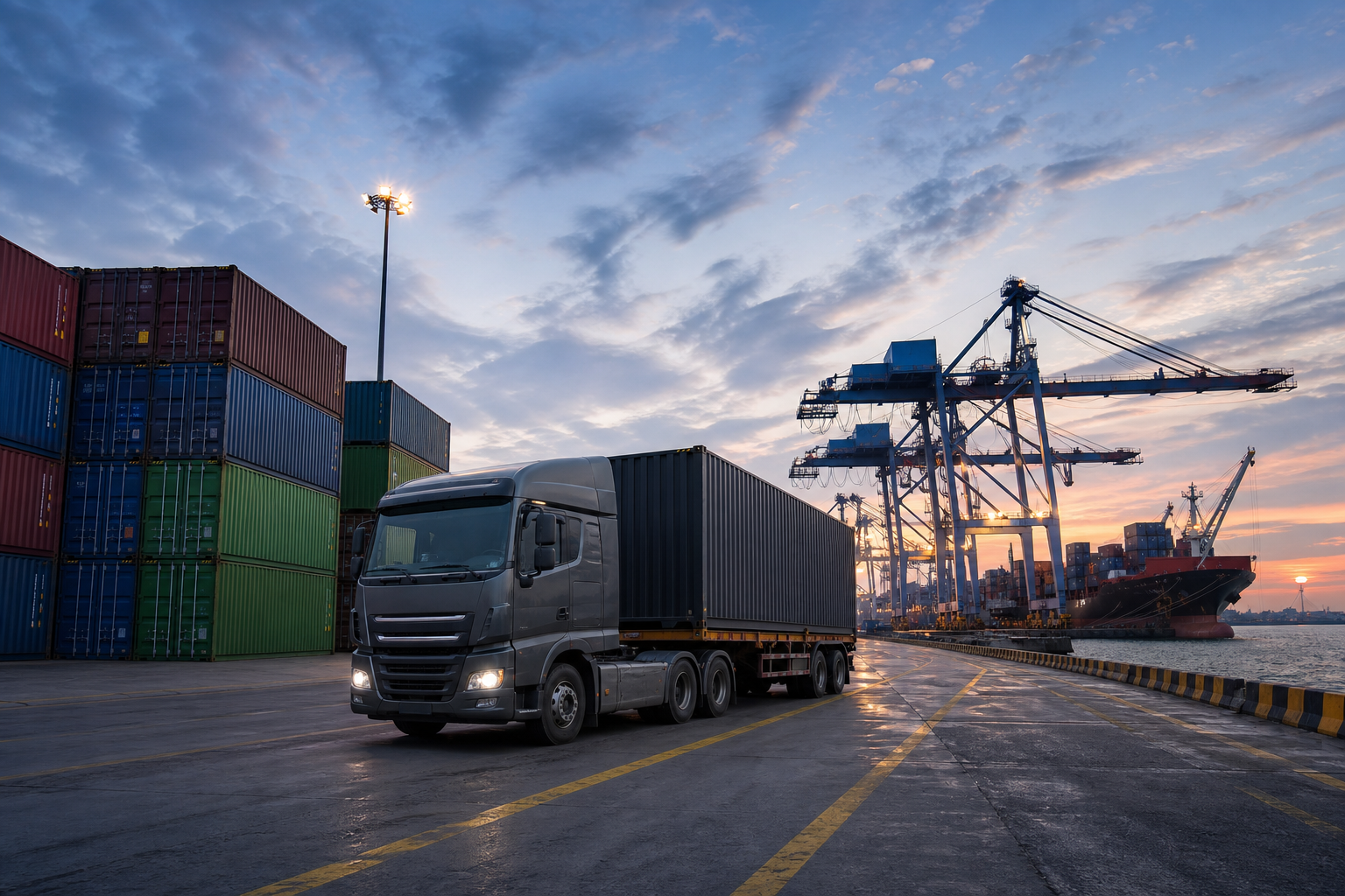 Freight truck and cargo terminal at sunrise